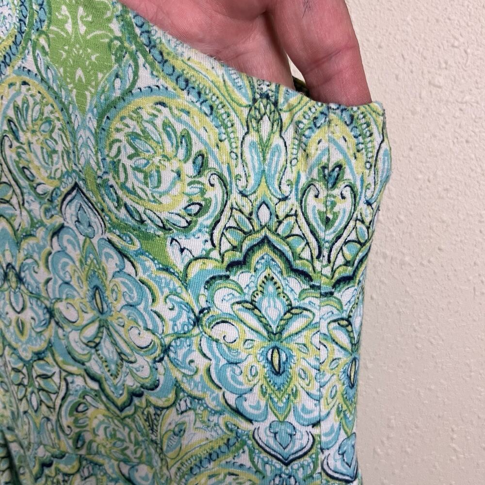 J. Jill Printed Jersey Midi Dress Large Blue Green Paisley Stretch Sleeveless - Picture 2 of 5